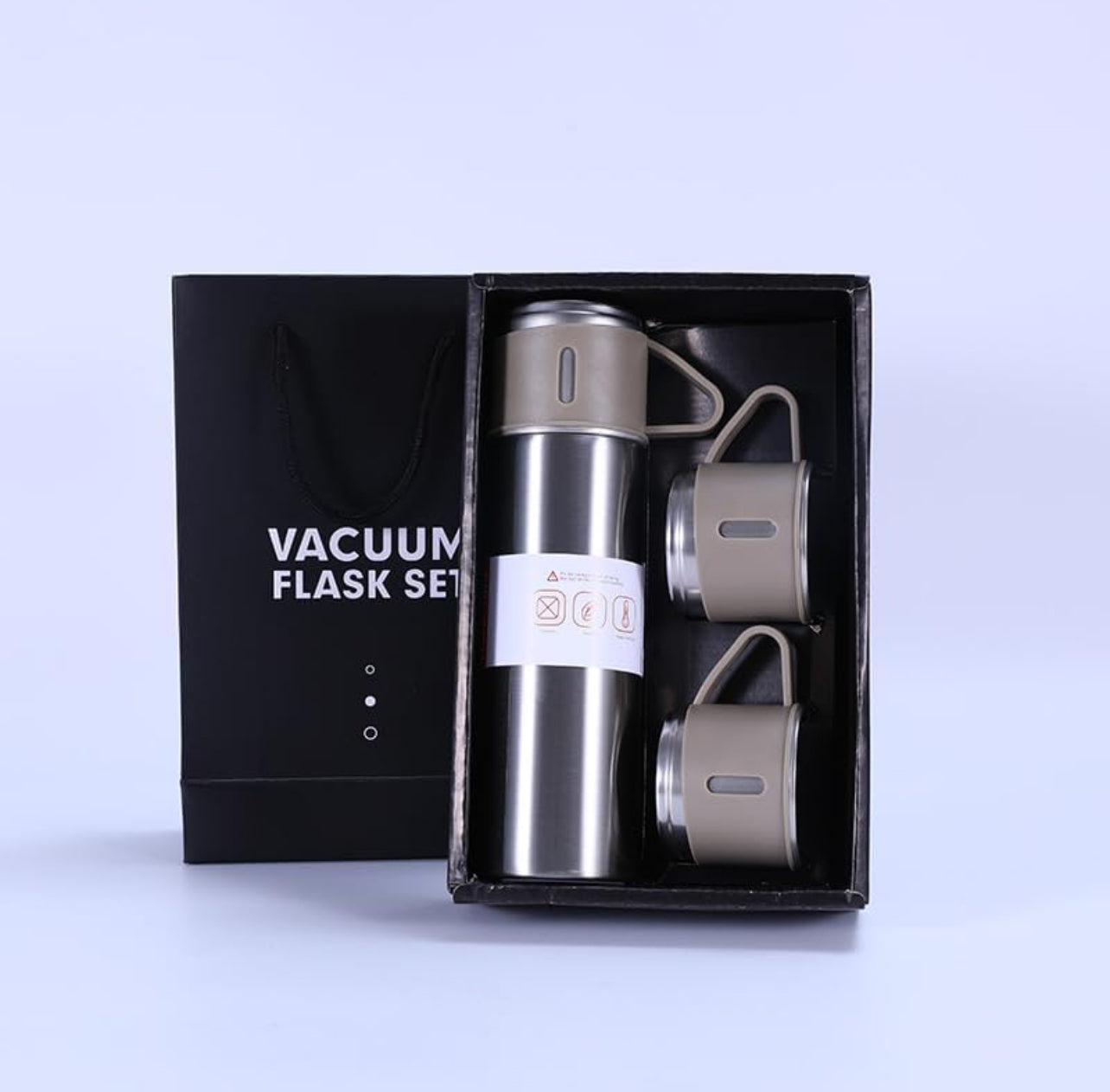 4pc, Vacuum Flask Set- 500ml/16.9oz | 3 lid cups + Insulated Stainless Steel Coffee Wine Tea Water Bottle | Outdoor Insulated Decanter Flask Set