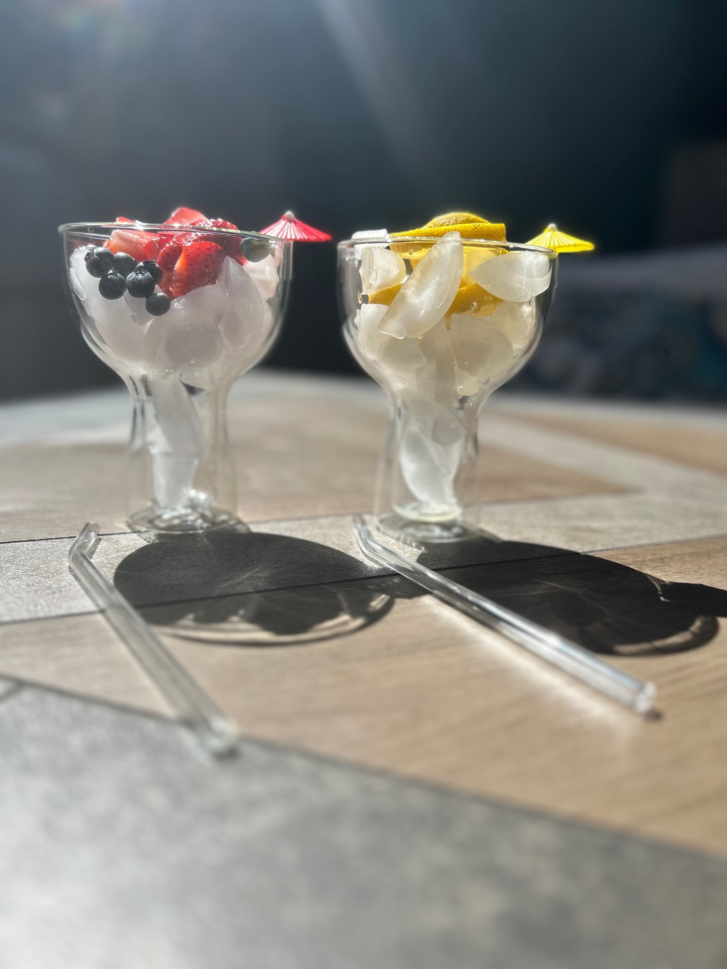 LIMITED EDITION GIFT SETS - 16oz. Margarita Glasses with Glass Straws, Umbrella Markers, and 3-Tier Bar Rimmer Kit