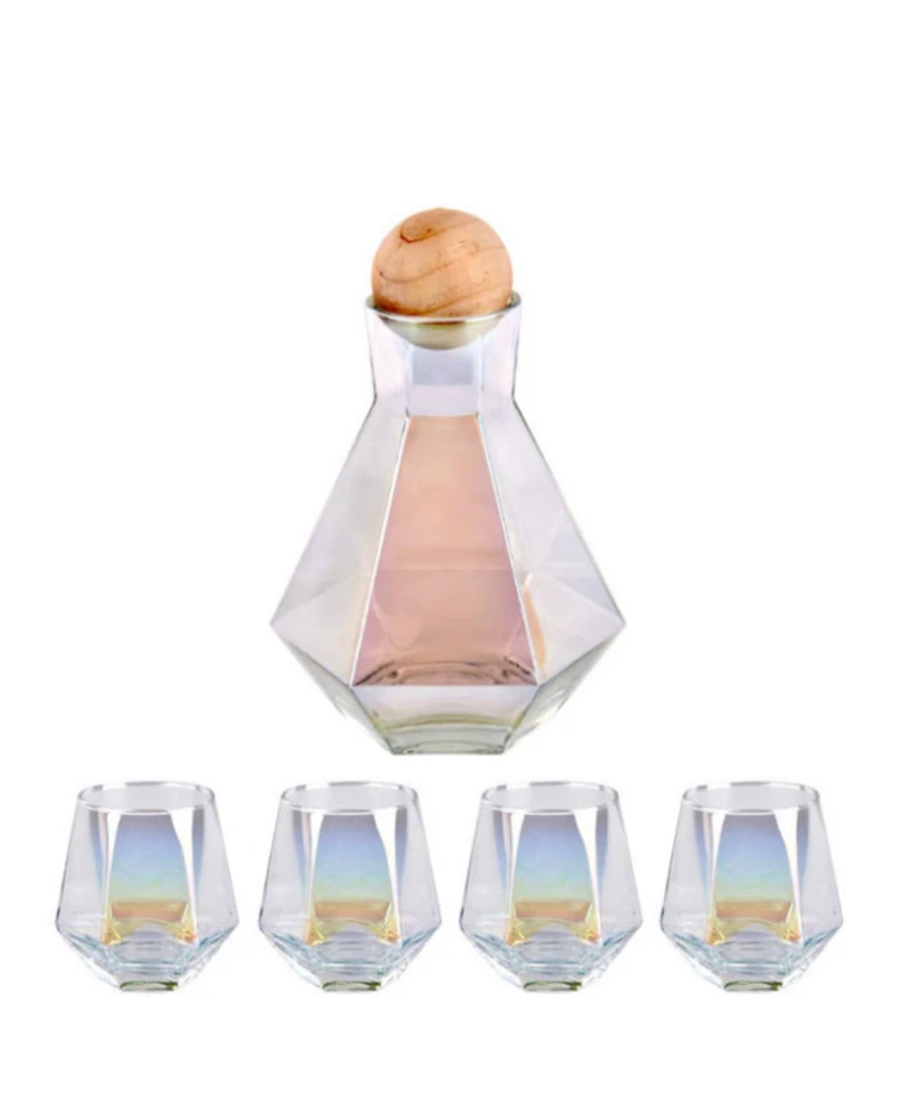 Over the Rainbow 5-Piece Iridescent Glass Decanter Set | 44oz Decanter with Wooden Round Lid | 4- 12oz drinking glasses