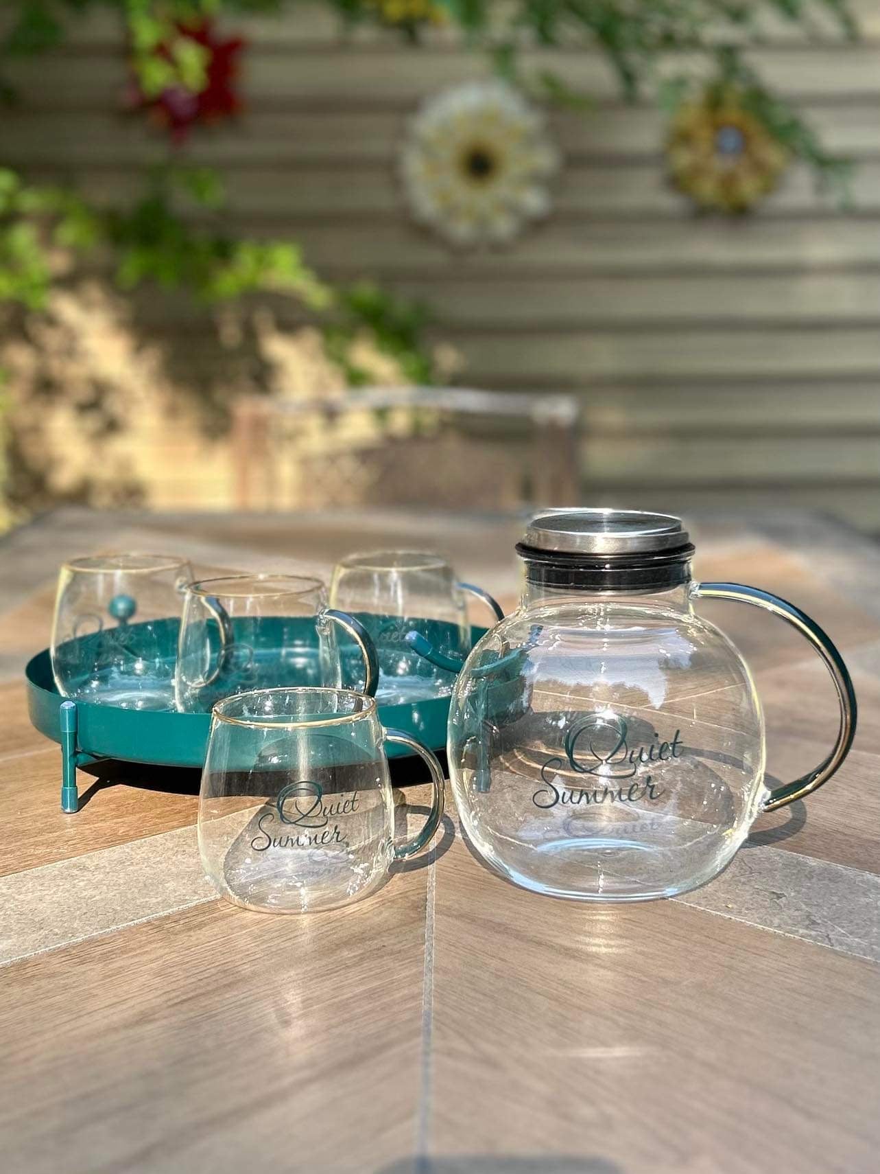 Metallic Rimmed 'Quiet Summer' 8-Piece Glass and Metal Tea Set | Metal Lid and Metal Serving Tray