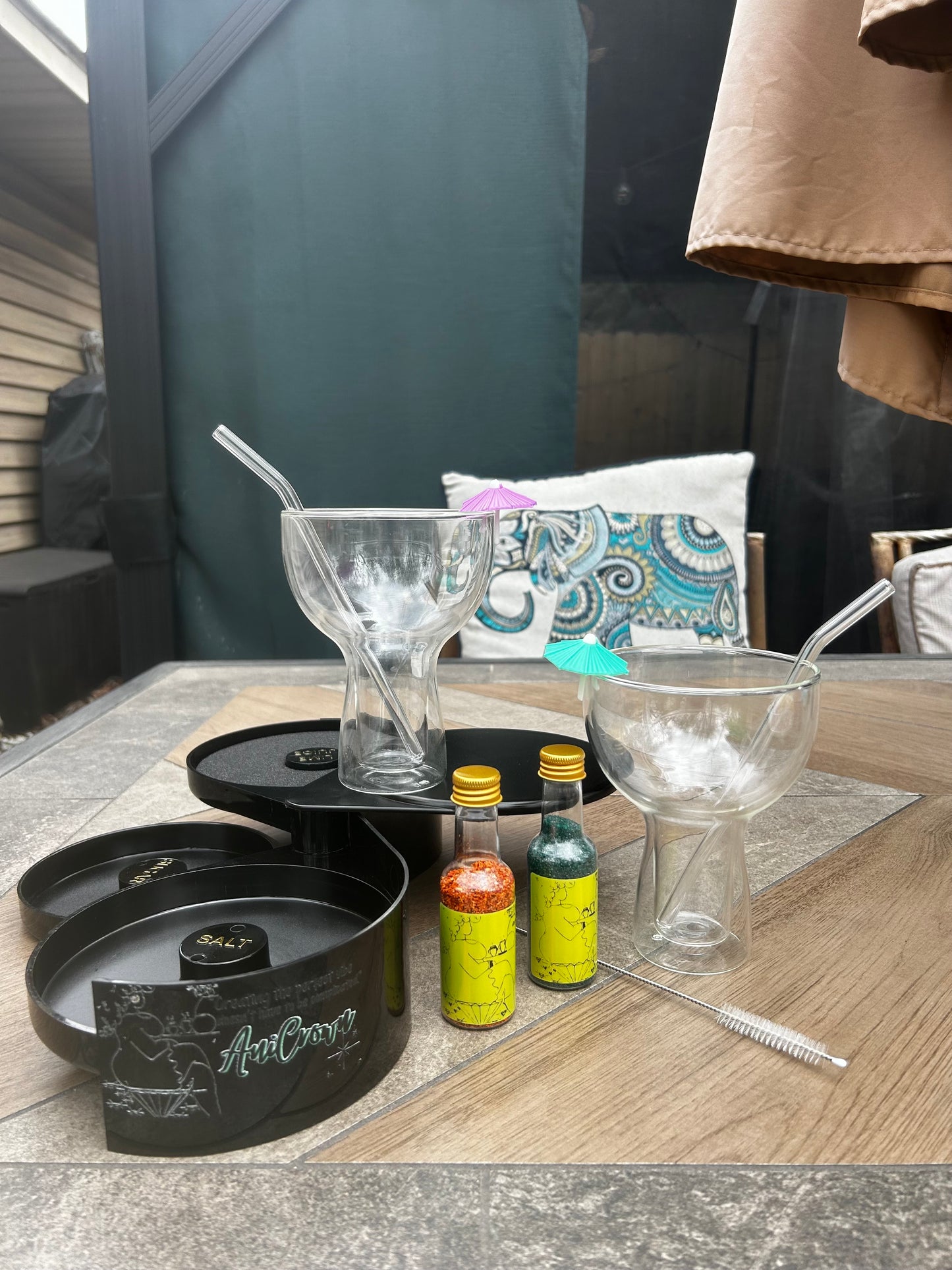 LIMITED EDITION GIFT SETS - 16oz. Margarita Glasses with Glass Straws, Umbrella Markers, and 3-Tier Bar Rimmer Kit