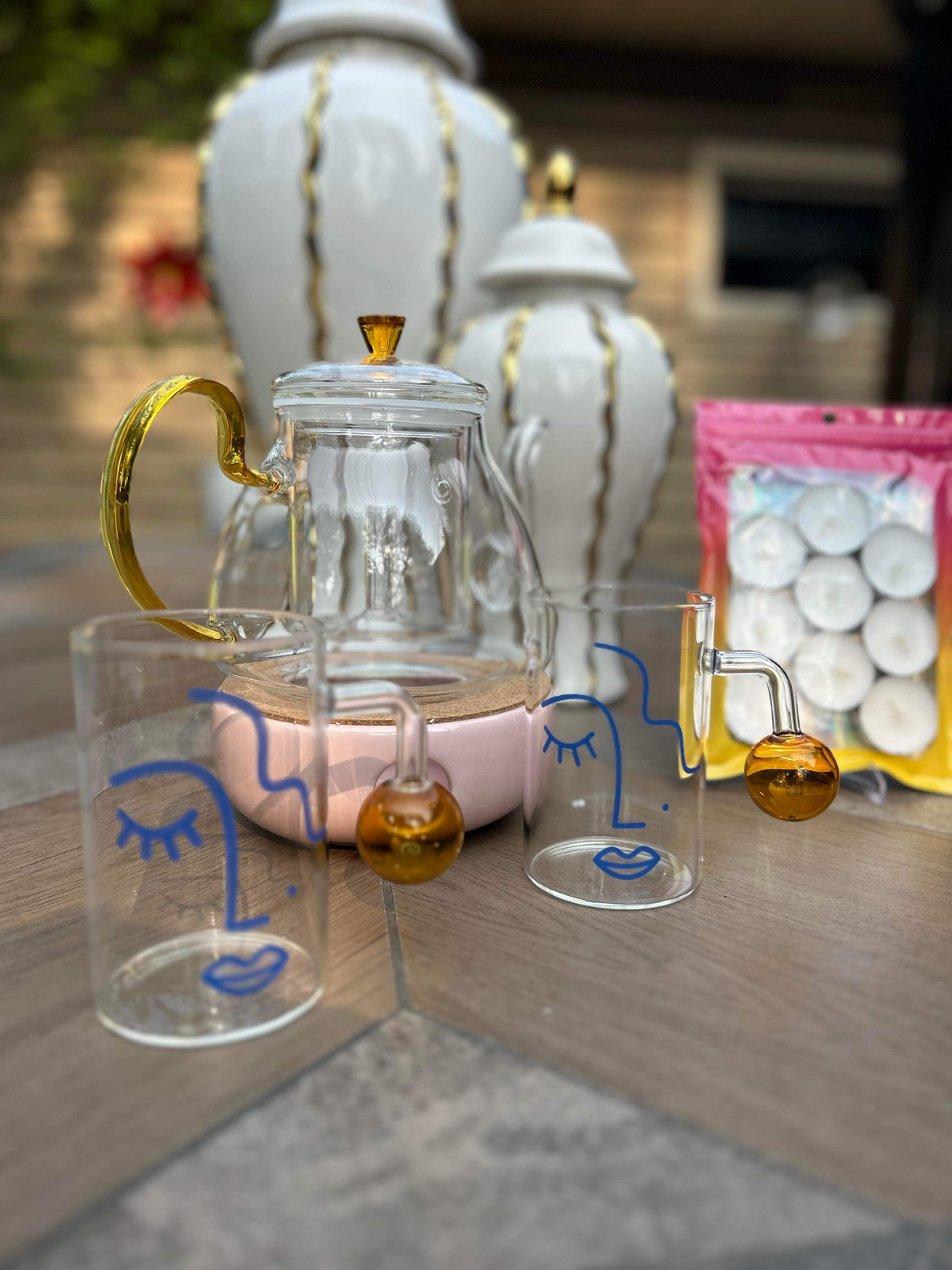 BLUE GODDESS 2-Piece Bubble Handle Glass Mug Set