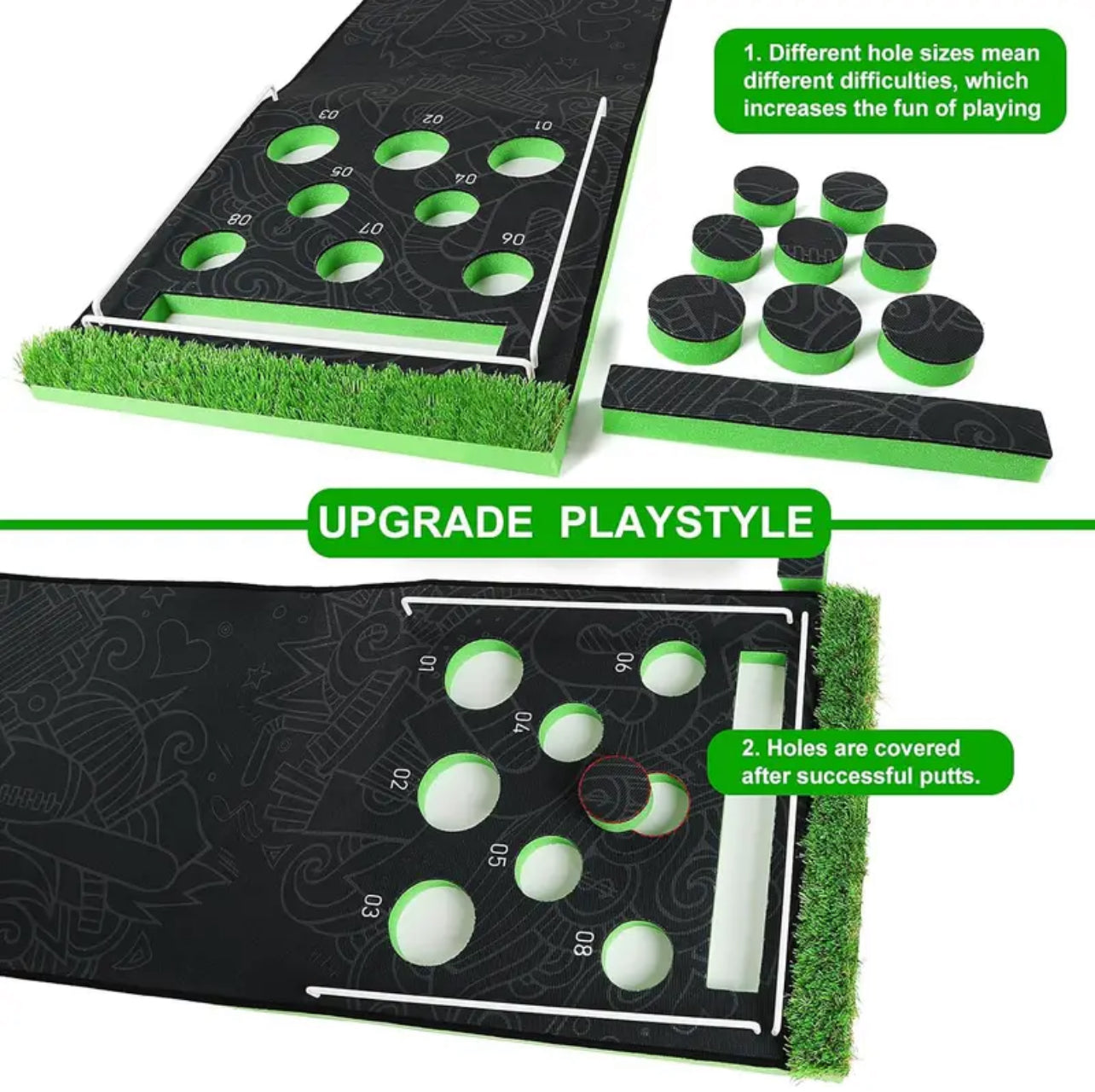 Golf Pong Putting Green Game Set 20” x 122” with 16 hole covers, 2 Putters, 8 Golf Balls, 6 small fences, 1 carry bag | Date Night, Party, or Great Gift
