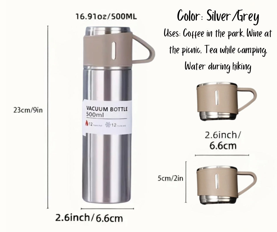 4pc, Vacuum Flask Set- 500ml/16.9oz | 3 lid cups + Insulated Stainless Steel Coffee Wine Tea Water Bottle | Outdoor Insulated Decanter Flask Set