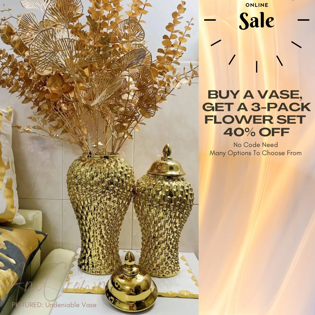 19in Tall UNDENIABLE Metallic Gold Textured Ceramic Ginger Vase
