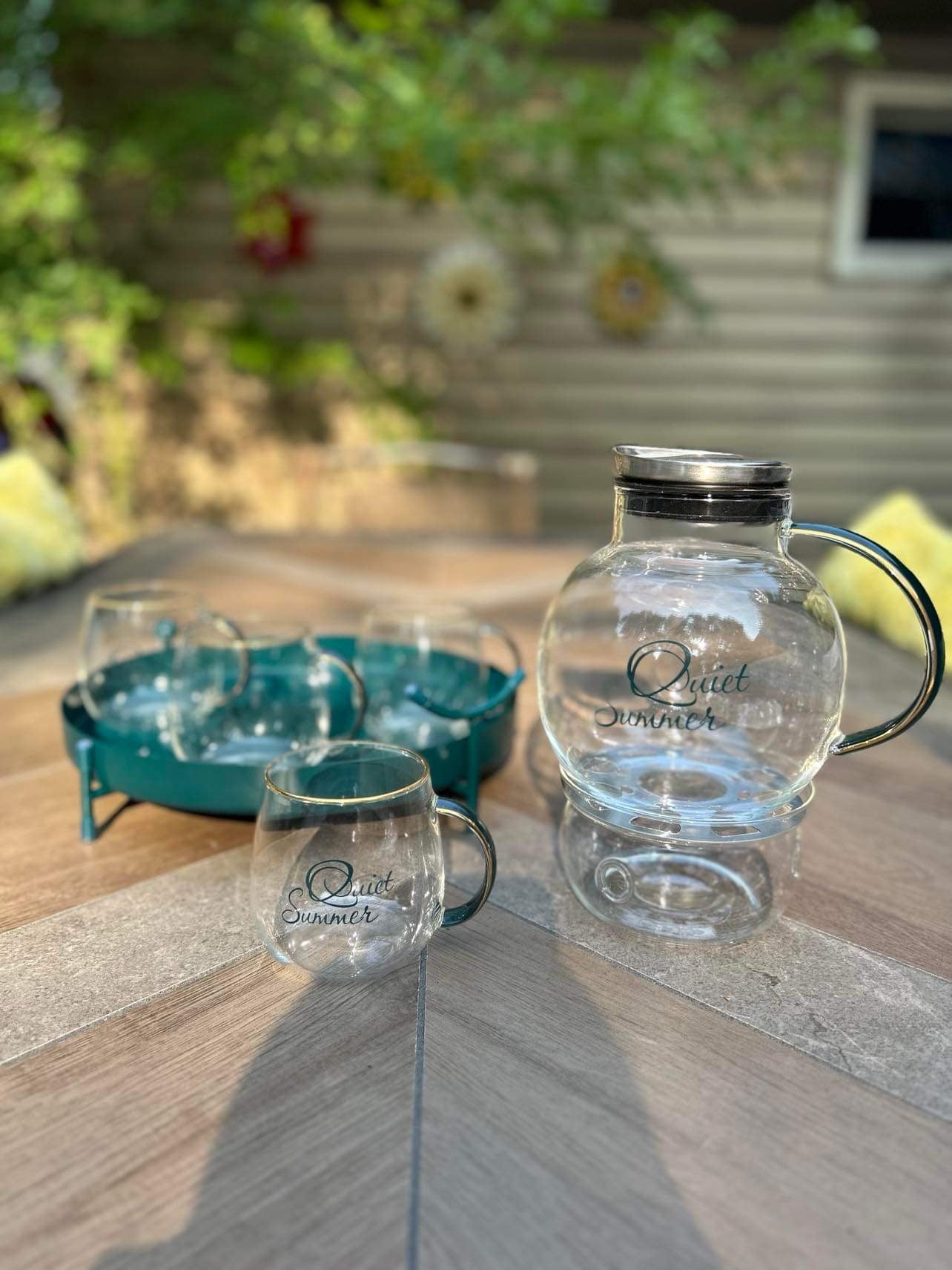 Metallic Rimmed 'Quiet Summer' 8-Piece Glass and Metal Tea Set | Metal Lid and Metal Serving Tray