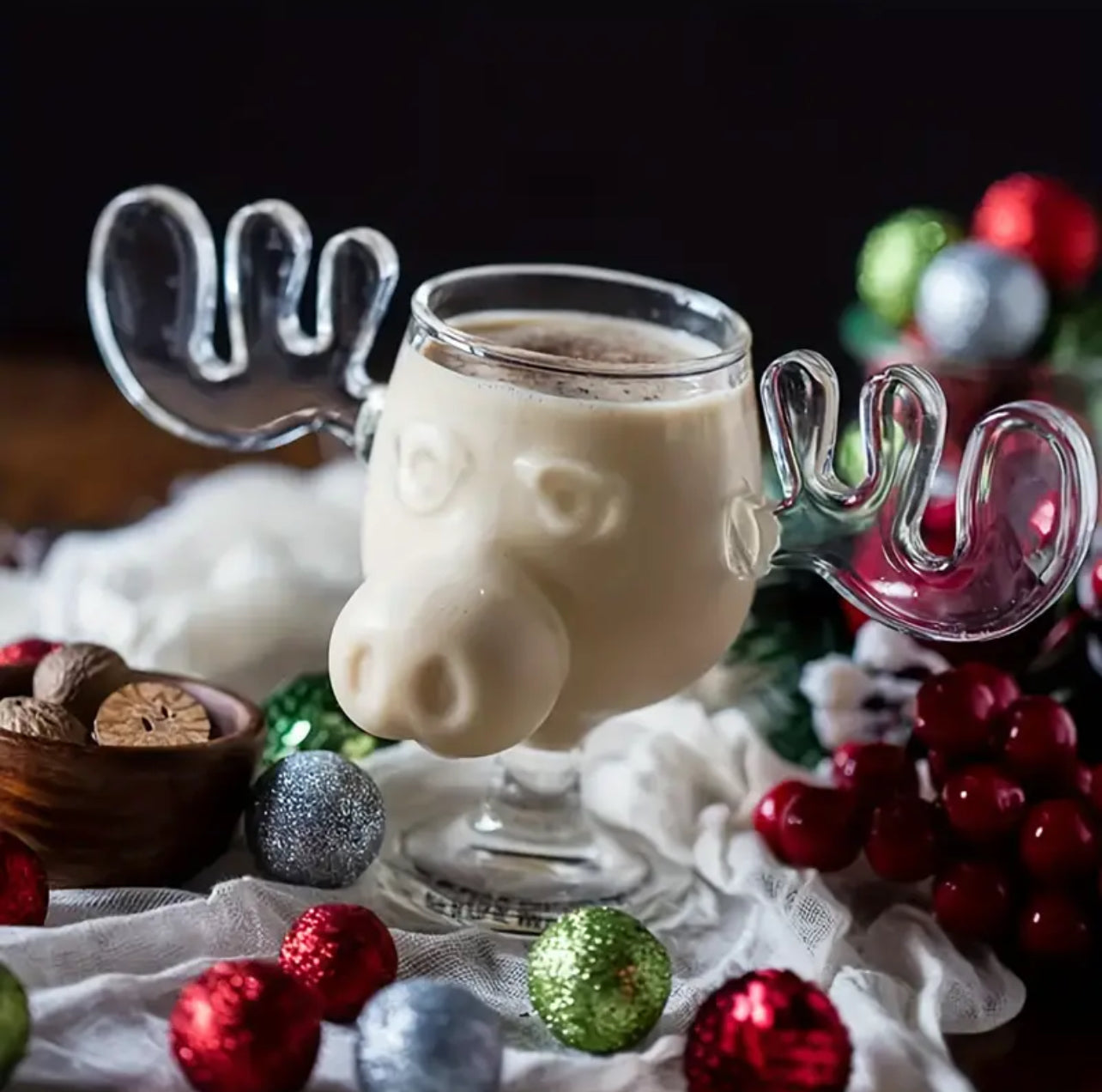 Moose Sculpted Glass Goblet Mug | Christmas Holiday Glassware For Drinks, Ice Cream, Festive Treats | NOT Acrylic, Cup Capacity 240ml/8oz