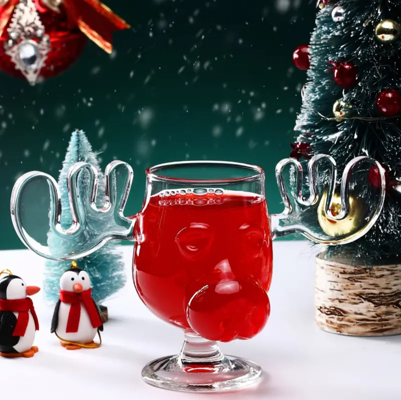 Moose Sculpted Glass Goblet Mug | Christmas Holiday Glassware For Drinks, Ice Cream, Festive Treats | NOT Acrylic, Cup Capacity 240ml/8oz