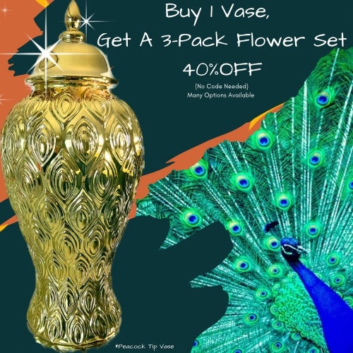 Large 24in. Mirror-Like Gold PEACOCK TIP Ceramic Ginger Jar Vase