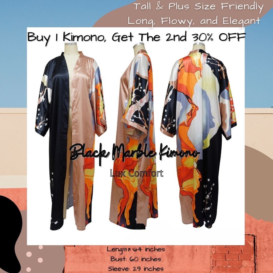 Plus Size Long Elegant Oversized Floor Length Lightweight Open Front Coverup Kimono Duster Robe, BLACK MARBLE