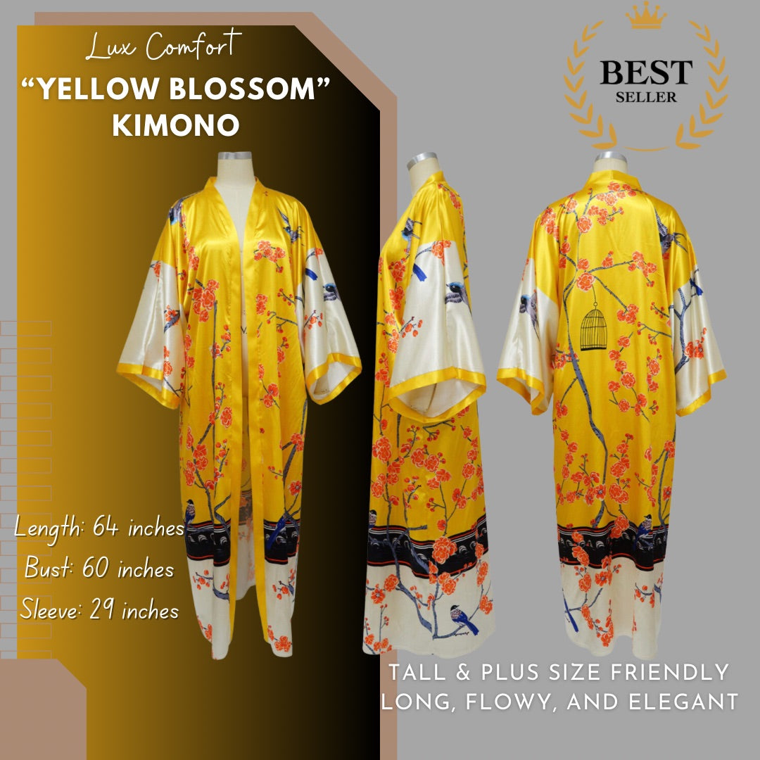 Plus Size Long Elegant Oversized Floor Length Lightweight Open Front Coverup Kimono Duster Robe, YELLOW BLOSSOM