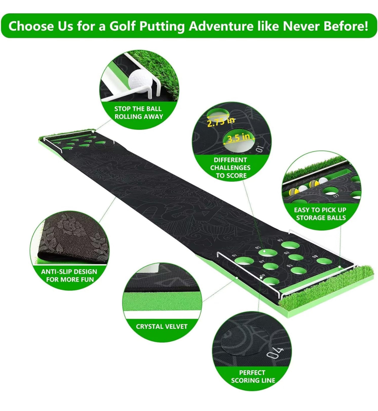 Golf Pong Putting Green Game Set 20” x 122” with 16 hole covers, 2 Putters, 8 Golf Balls, 6 small fences, 1 carry bag | Date Night, Party, or Great Gift