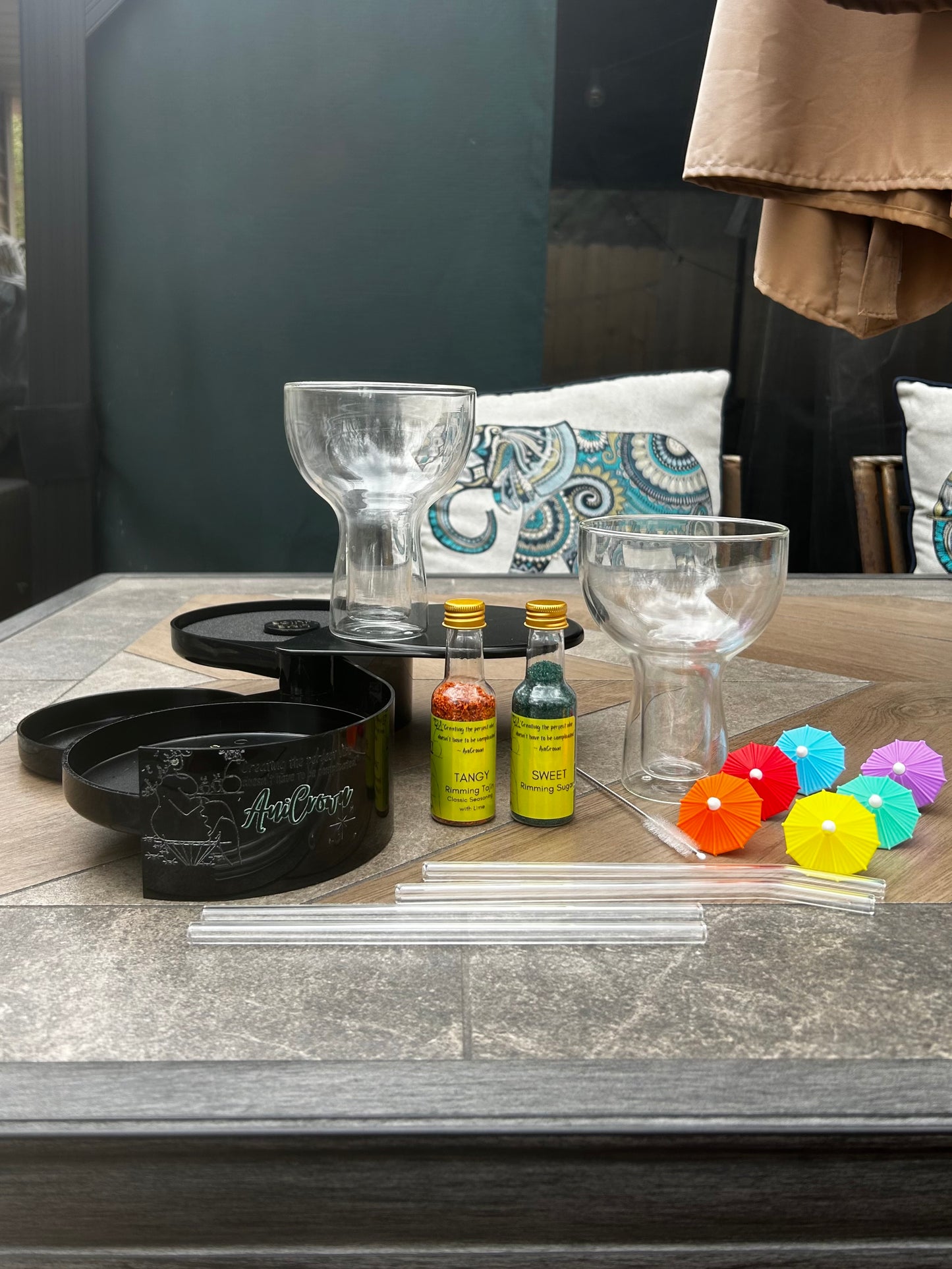 LIMITED EDITION GIFT SETS - 16oz. Margarita Glasses with Glass Straws, Umbrella Markers, and 3-Tier Bar Rimmer Kit