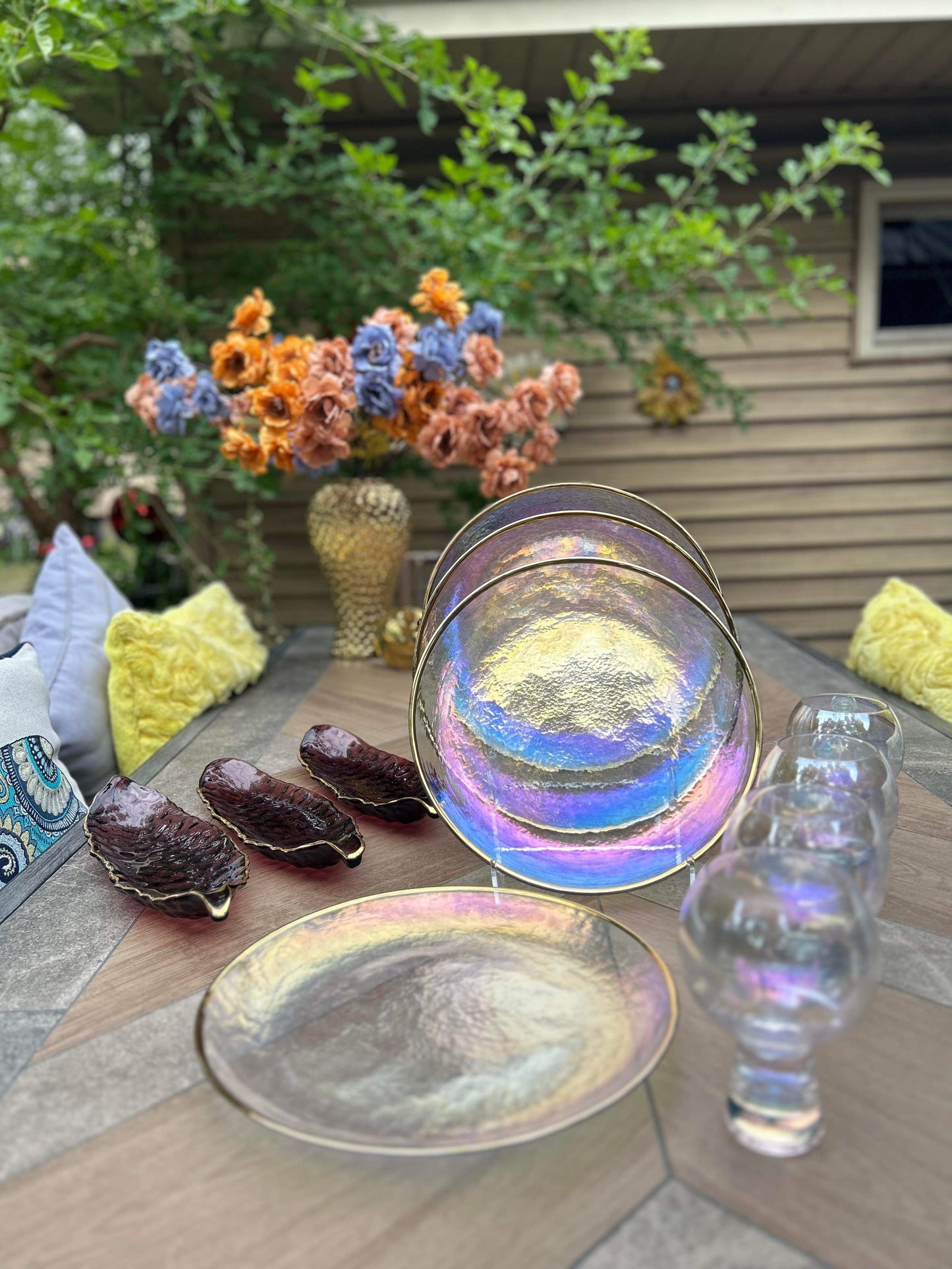 12in. Iridescent Rainbow GLIZZY Plate | 4pcs Dinnerware Set | Babyshower Table Setting, Anniversary Dinner, Gift Set
