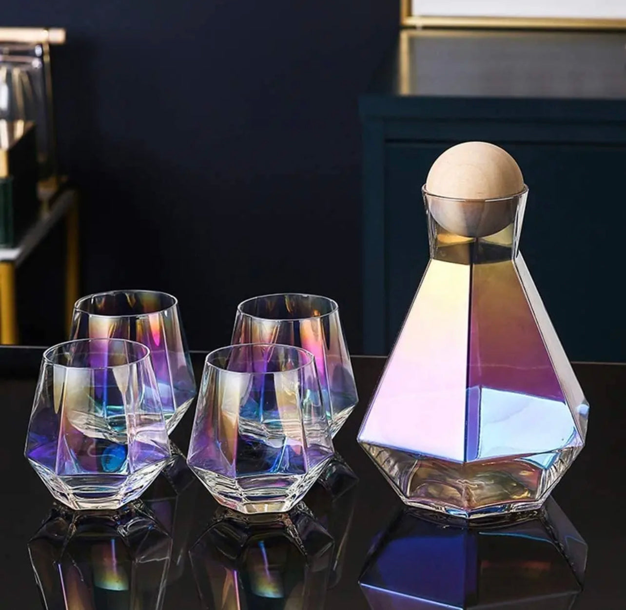 Over the Rainbow 5-Piece Iridescent Glass Decanter Set | 44oz Decanter with Wooden Round Lid | 4- 12oz drinking glasses
