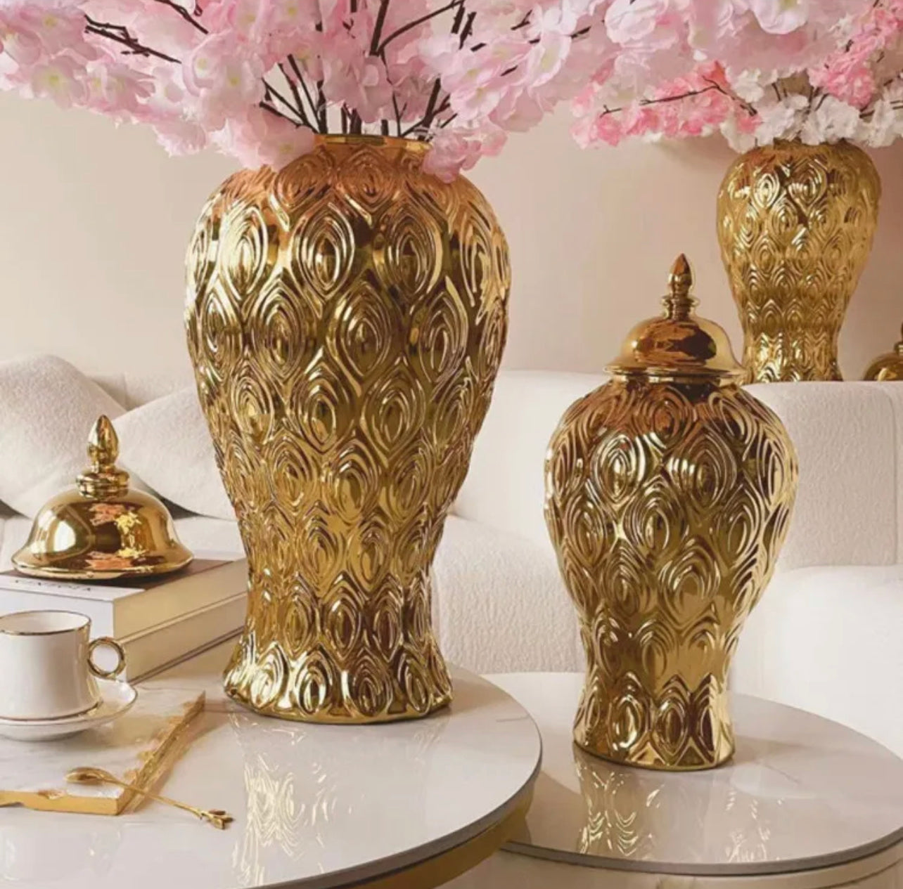 Large 24in. Mirror-Like Gold PEACOCK TIP Ceramic Ginger Jar Vase