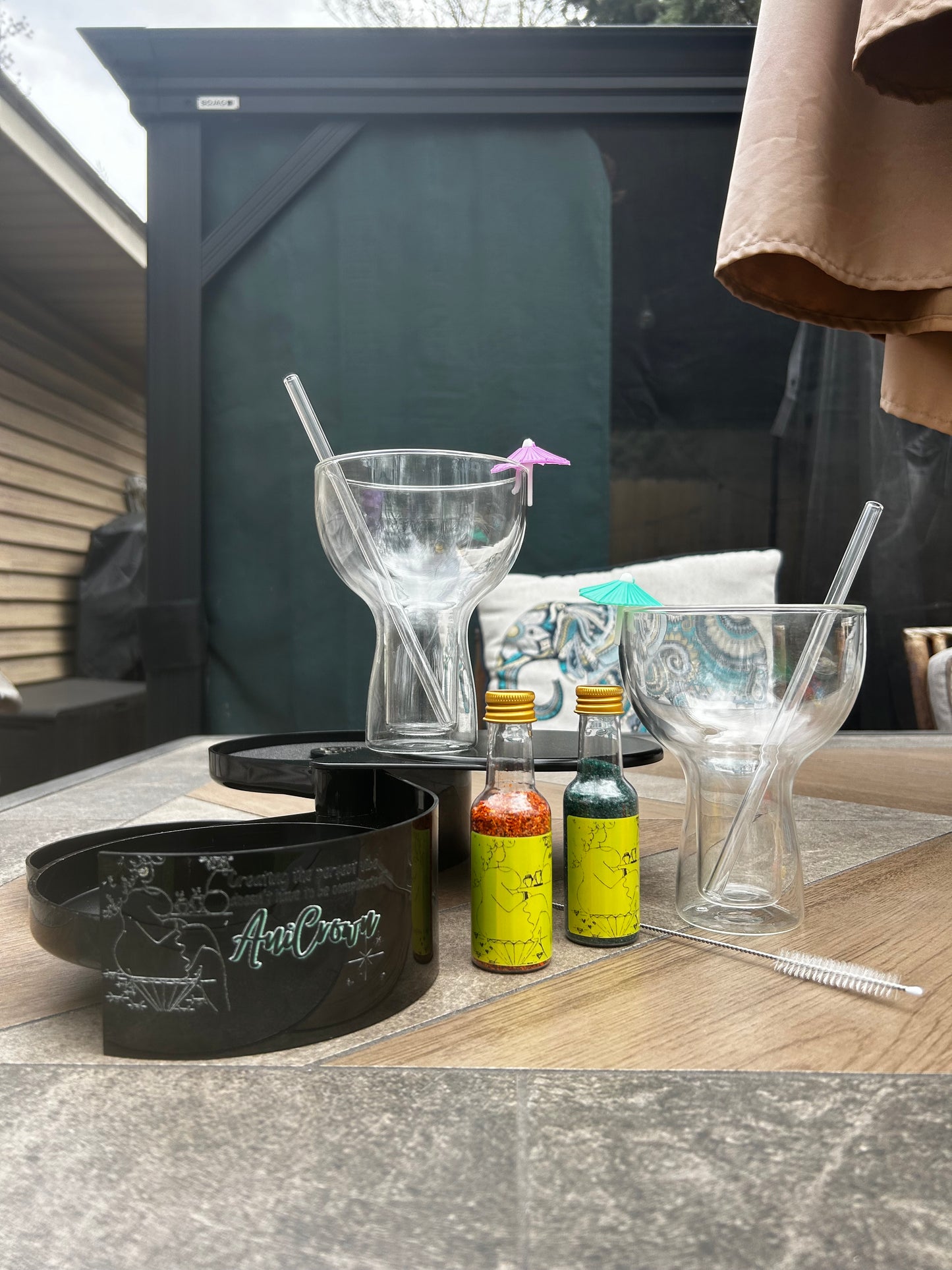 LIMITED EDITION GIFT SETS - 16oz. Margarita Glasses with Glass Straws, Umbrella Markers, and 3-Tier Bar Rimmer Kit