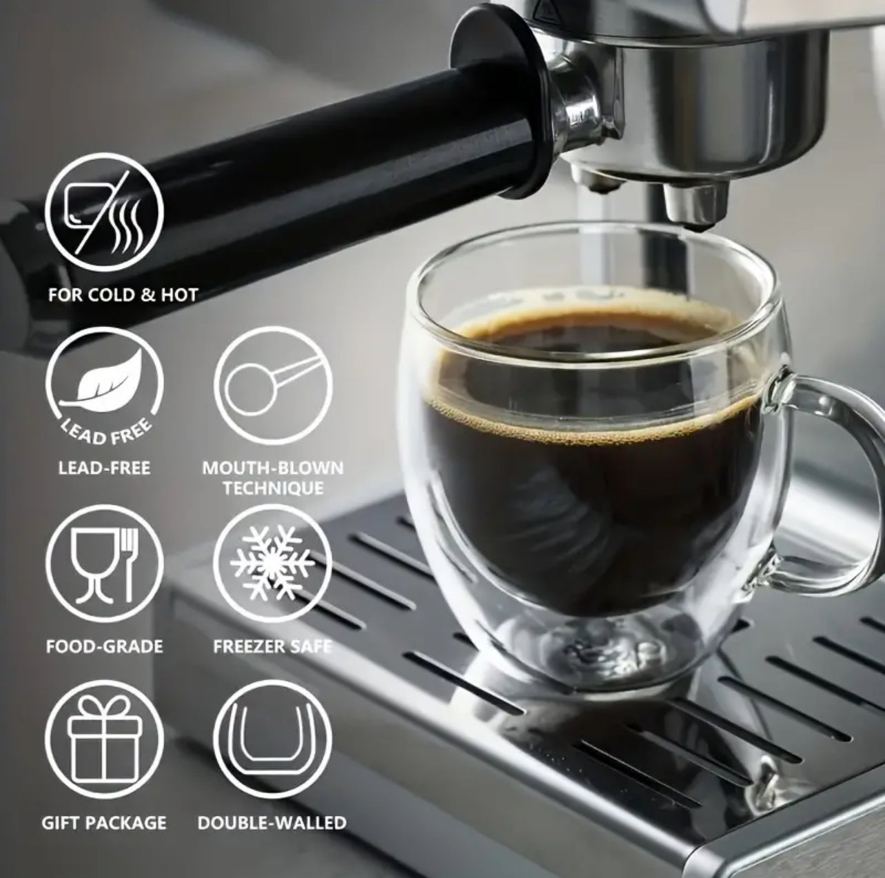 2pc 250ml High Borosilicate Double Wall Insulated Glass Mug Set | Coffee Tea Espresso Beverage