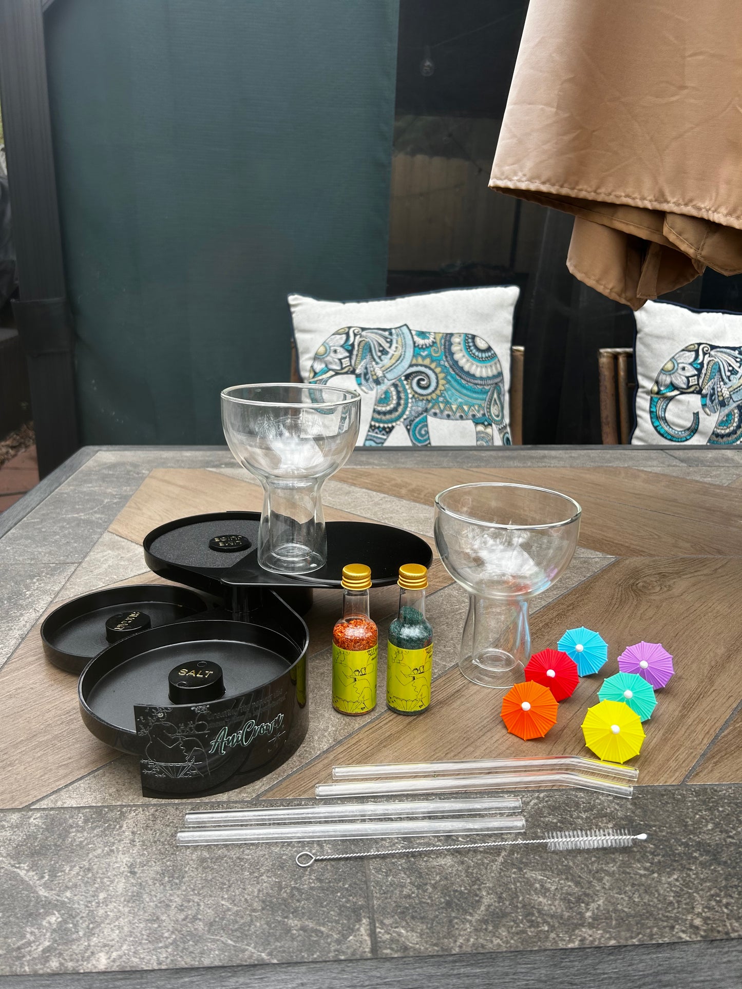 LIMITED EDITION GIFT SETS - 16oz. Margarita Glasses with Glass Straws, Umbrella Markers, and 3-Tier Bar Rimmer Kit