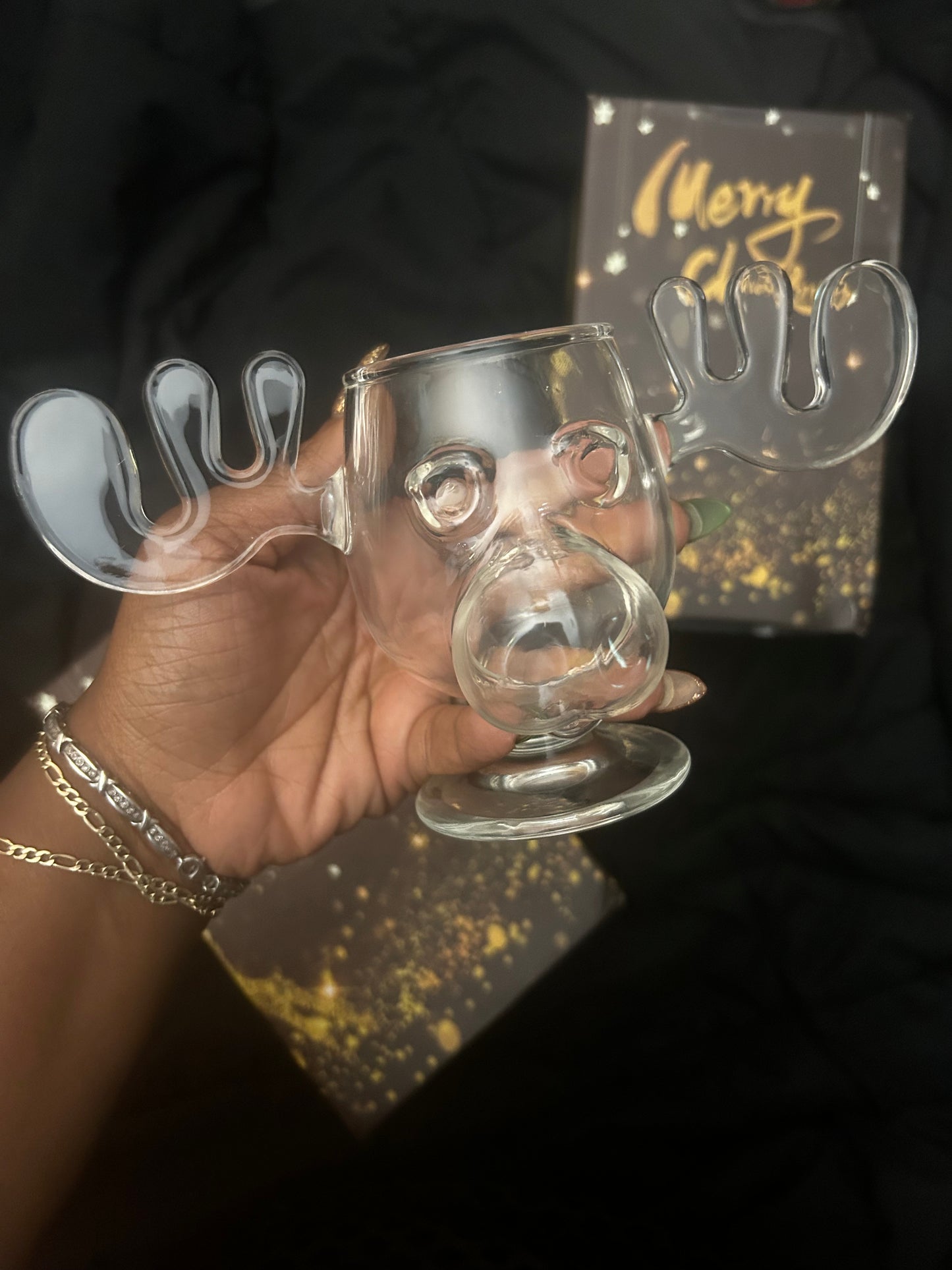 Moose Sculpted Glass Goblet Mug | Christmas Holiday Glassware For Drinks, Ice Cream, Festive Treats | NOT Acrylic, Cup Capacity 240ml/8oz