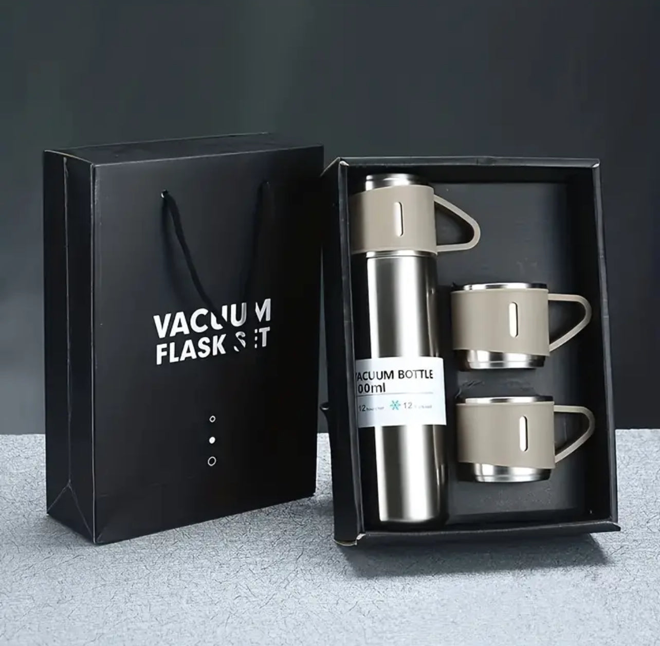 4pc, Vacuum Flask Set- 500ml/16.9oz | 3 lid cups + Insulated Stainless Steel Coffee Wine Tea Water Bottle | Outdoor Insulated Decanter Flask Set