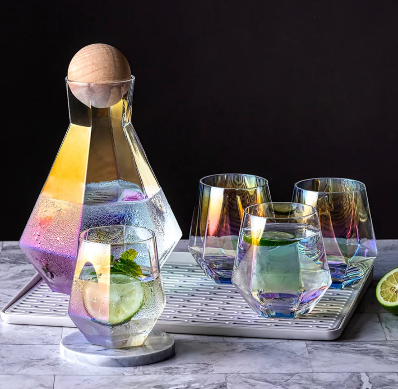 Over the Rainbow 5-Piece Iridescent Glass Decanter Set | 44oz Decanter with Wooden Round Lid | 4- 12oz drinking glasses