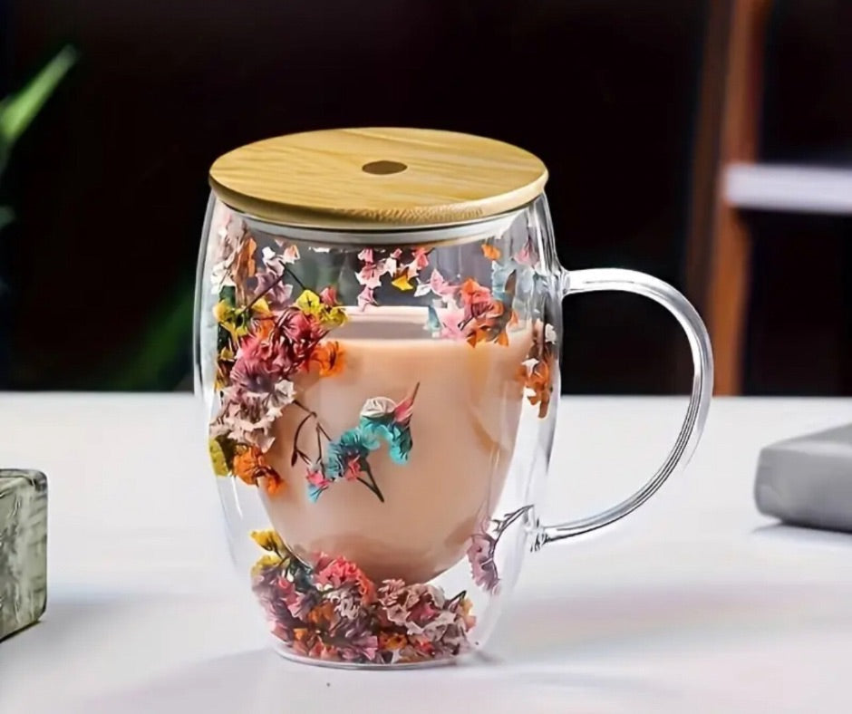 2- 12oz Dried Flowers Double Walled Insulated Glass Tea Mugs with Glass Straws