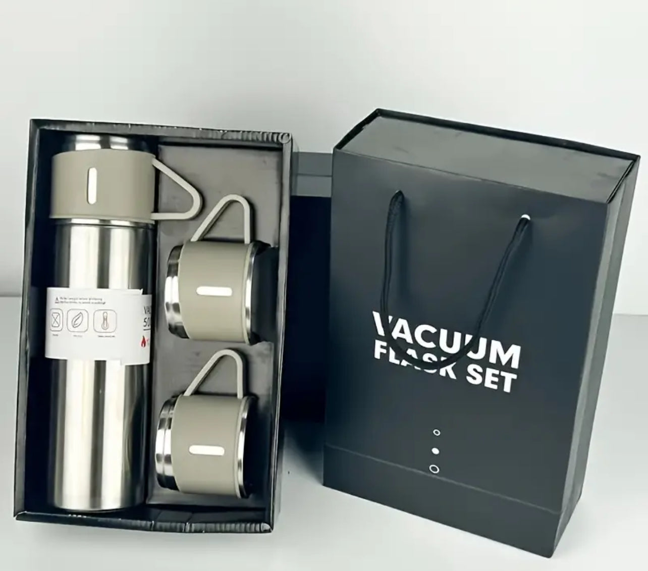 4pc, Vacuum Flask Set- 500ml/16.9oz | 3 lid cups + Insulated Stainless Steel Coffee Wine Tea Water Bottle | Outdoor Insulated Decanter Flask Set