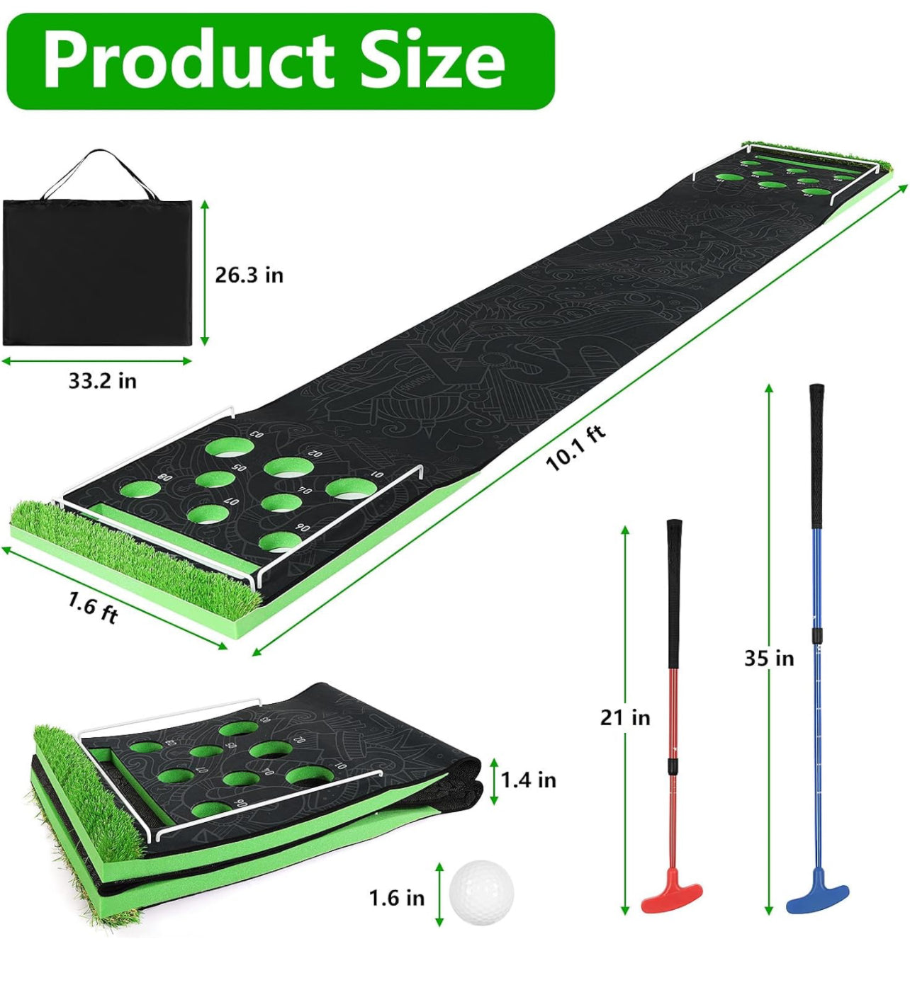 Golf Pong Putting Green Game Set 20” x 122” with 16 hole covers, 2 Putters, 8 Golf Balls, 6 small fences, 1 carry bag | Date Night, Party, or Great Gift
