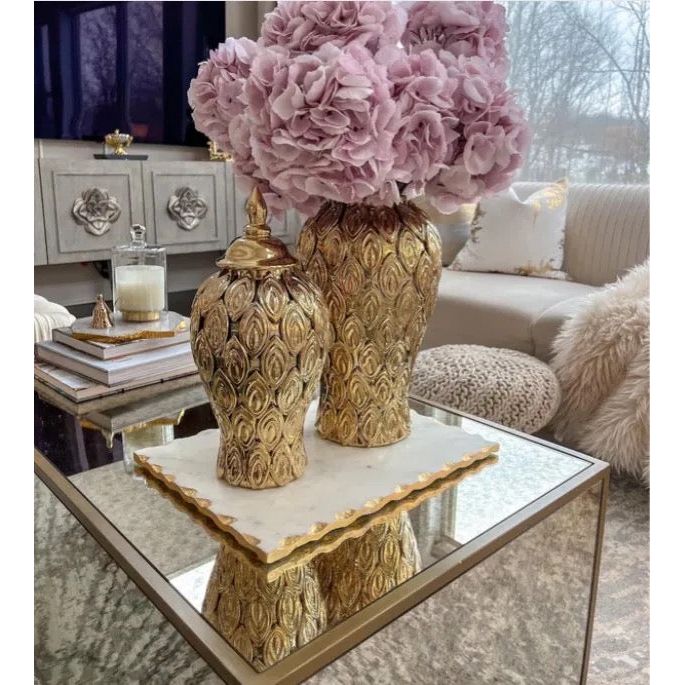 Large 24in. Mirror-Like Gold PEACOCK TIP Ceramic Ginger Jar Vase