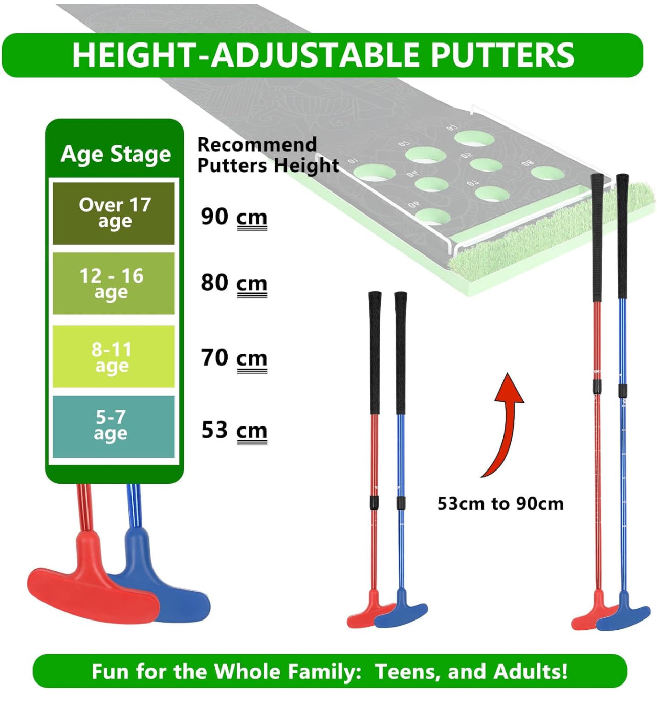 Golf Pong Putting Green Game Set 20” x 122” with 16 hole covers, 2 Putters, 8 Golf Balls, 6 small fences, 1 carry bag | Date Night, Party, or Great Gift