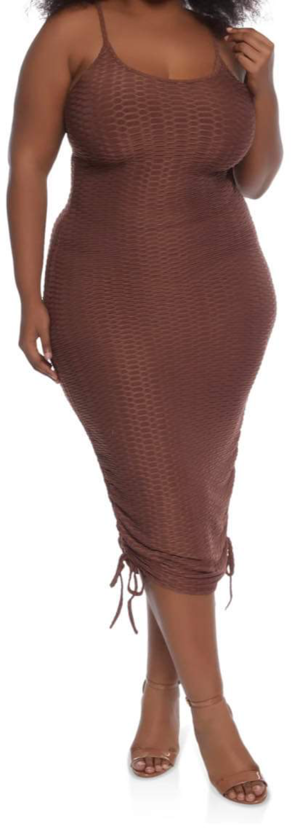 HIDE ME HONEYCOMB Textured Spaghetti String Bodycon Midi Dress