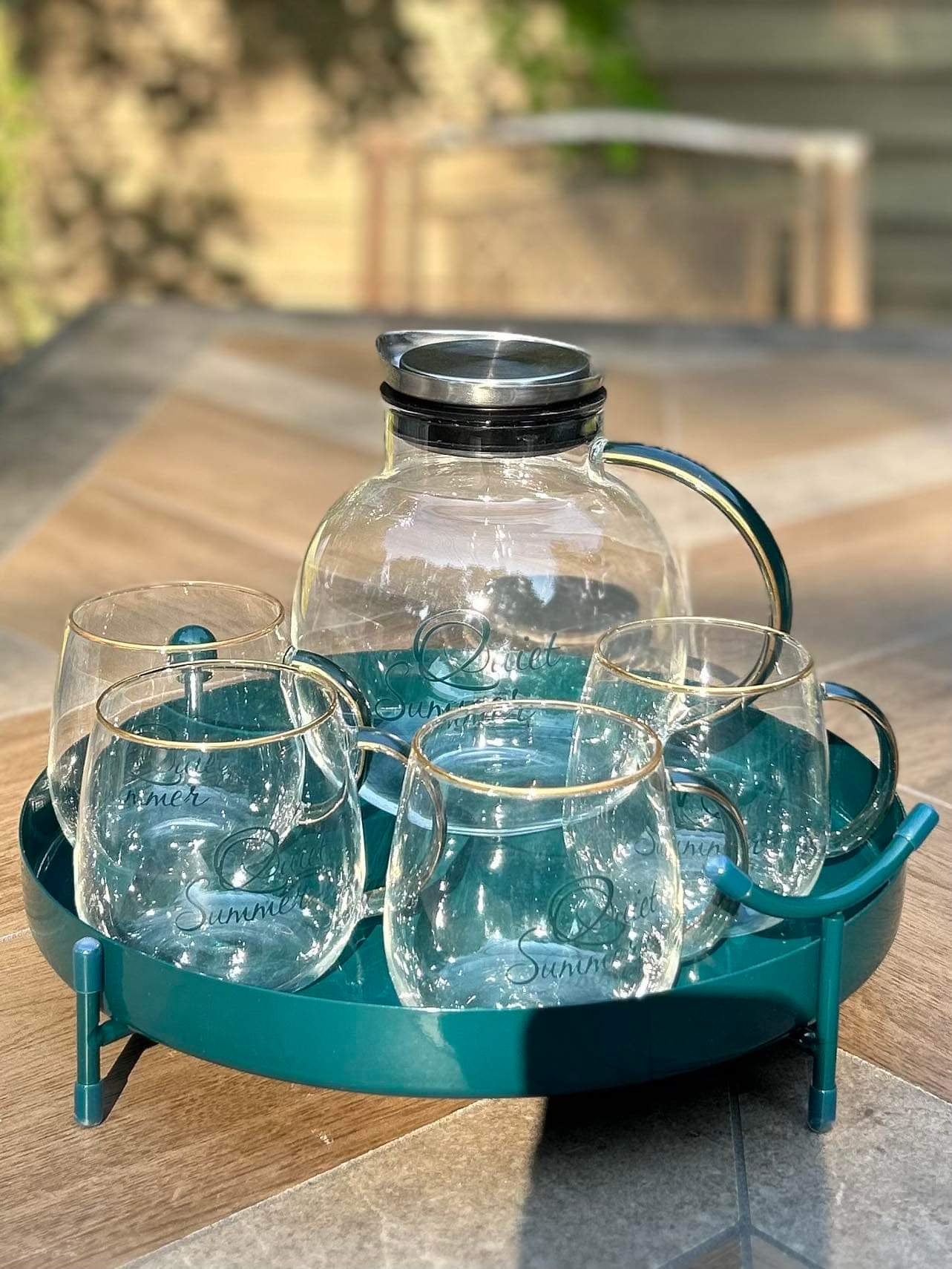Metallic Rimmed 'Quiet Summer' 8-Piece Glass and Metal Tea Set | Metal Lid and Metal Serving Tray