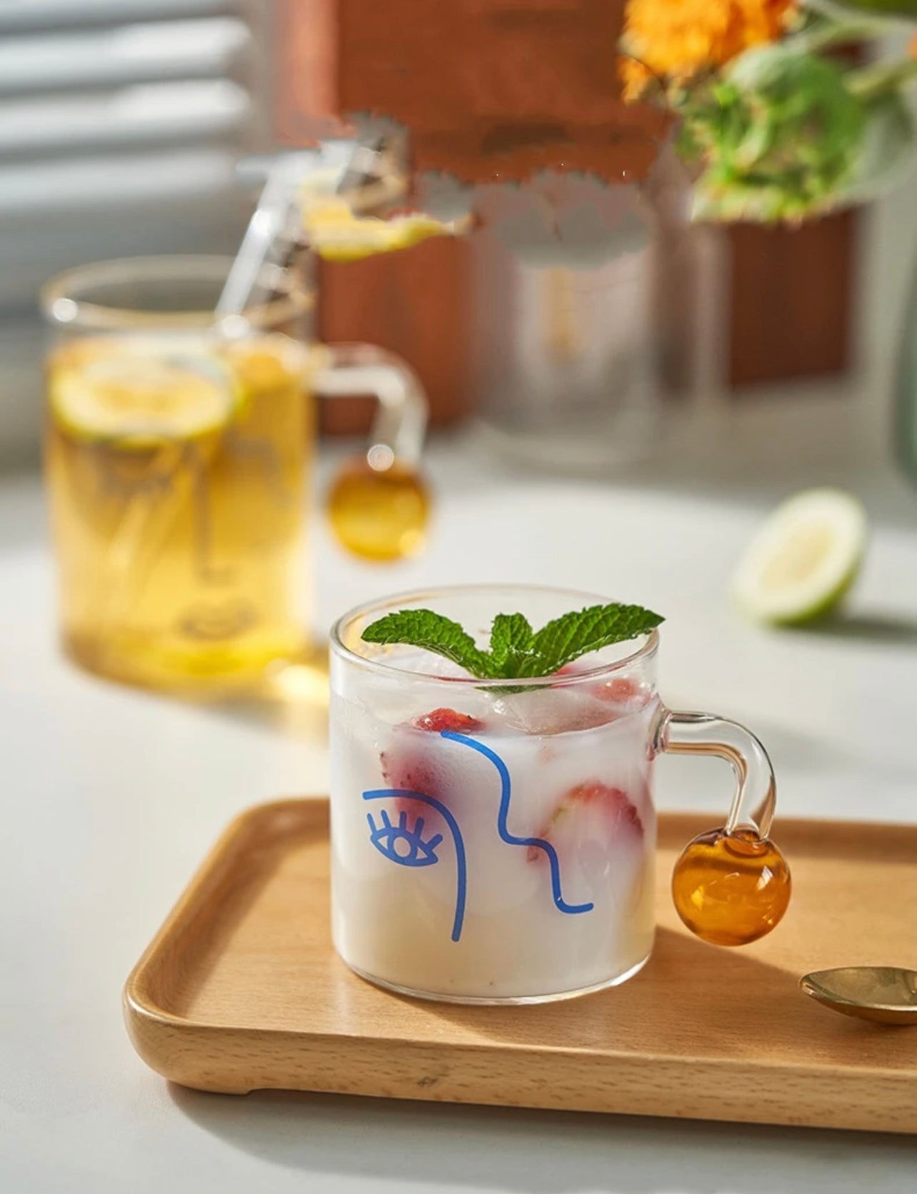 BLUE GODDESS 2-Piece Bubble Handle Glass Mug Set