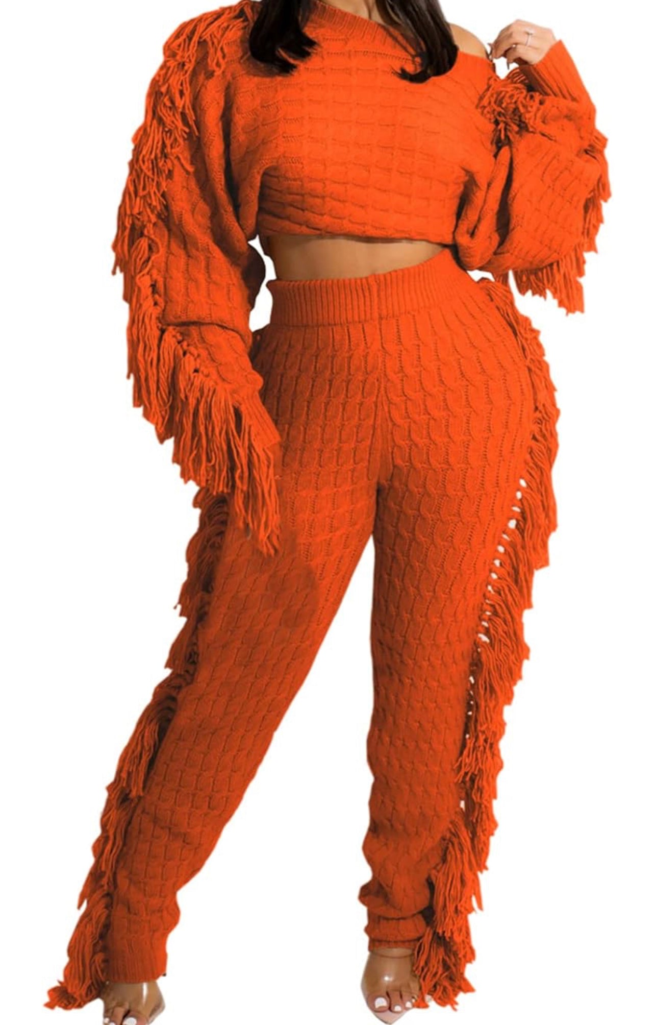 “Movement” Cable Knit Elegant Solid Tassel Two-piece Pants Set, Long Sleeve Crew Neck Sweater & Skinny Elastic Waist Pants Cozy, Soft, & Sexy Jogger Outfit, Women's Clothing