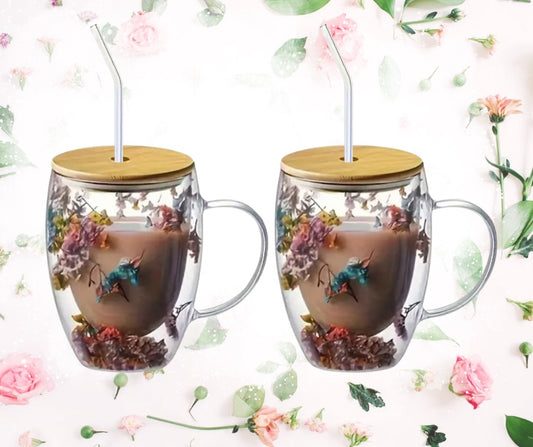 2- 12oz Dried Flowers Double Walled Insulated Glass Tea Mugs with Glass Straws