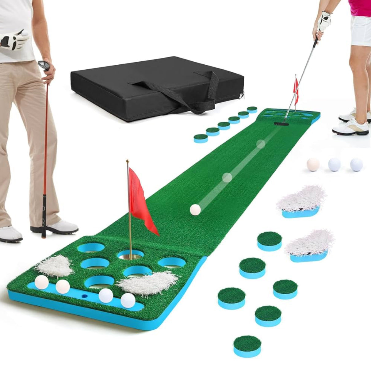 Golf Pong Game Set Putting Mat With White Bunker Grass| 8 Golf Balls, 2 Golf Cups & Flags, 1 Portable Bag | Professional Quality | Portable Indoor & Outdoor Use (Putters Not Included)