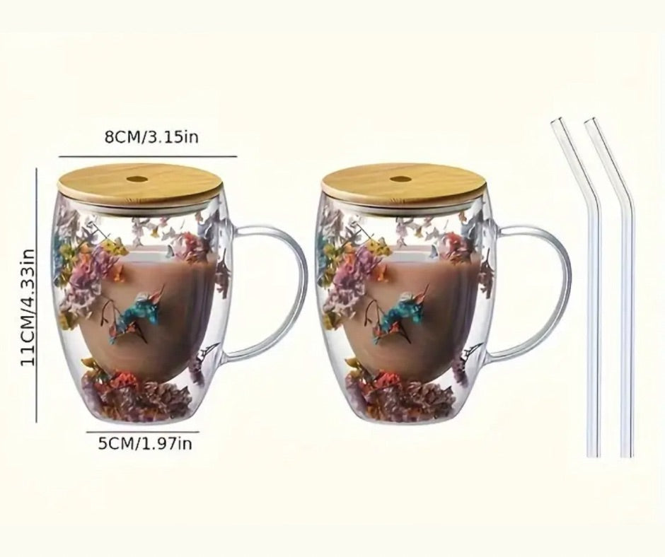 2- 12oz Dried Flowers Double Walled Insulated Glass Tea Mugs with Glass Straws