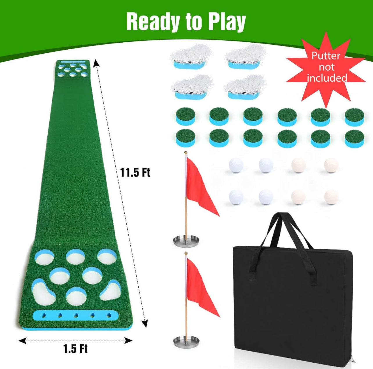 Golf Pong Game Set Putting Mat With White Bunker Grass| 8 Golf Balls, 2 Golf Cups & Flags, 1 Portable Bag | Professional Quality | Portable Indoor & Outdoor Use (Putters Not Included)