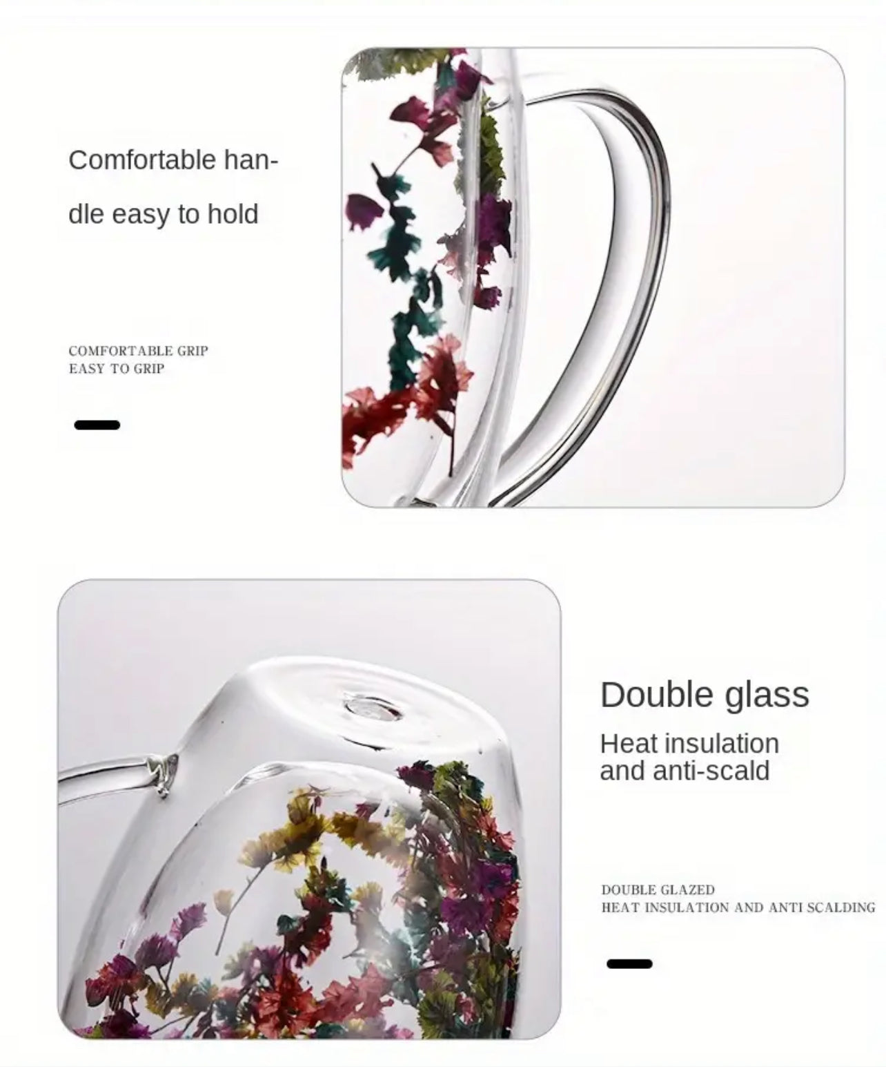 2- 12oz Dried Flowers Double Walled Insulated Glass Tea Mugs with Glass Straws