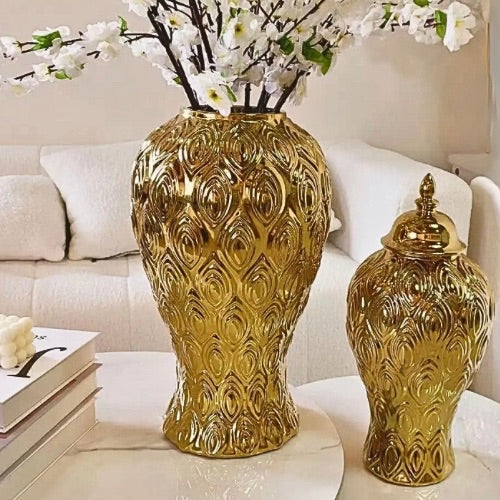 Large 24in. Mirror-Like Gold PEACOCK TIP Ceramic Ginger Jar Vase
