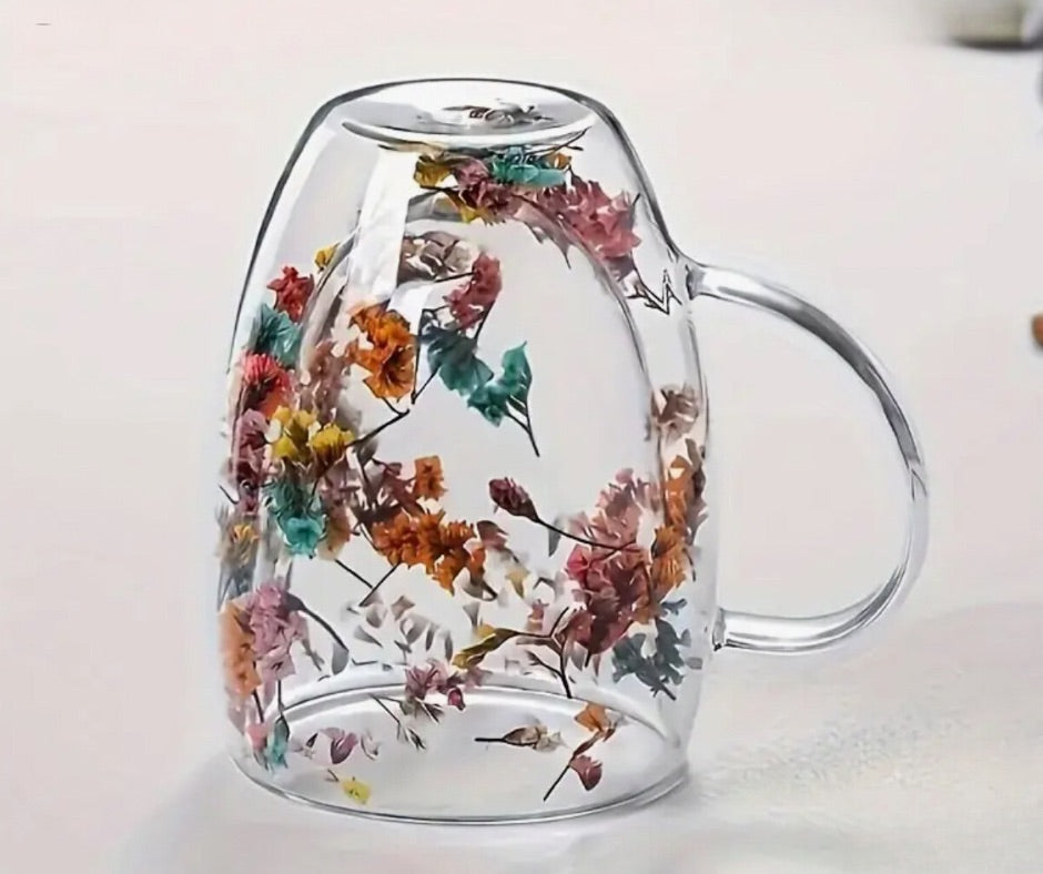 2- 12oz Dried Flowers Double Walled Insulated Glass Tea Mugs with Glass Straws
