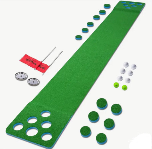 PGM Golf Pong Game Set | Putting Mat With 2 End Rectangle Ball Catch, 8 Golf Balls, 2 Golf Cups & Flags, 1 Portable Bag | Professional Quality | Portable Indoor & Outdoor Use | 17.7” x 137.8” (Putters Not Included)